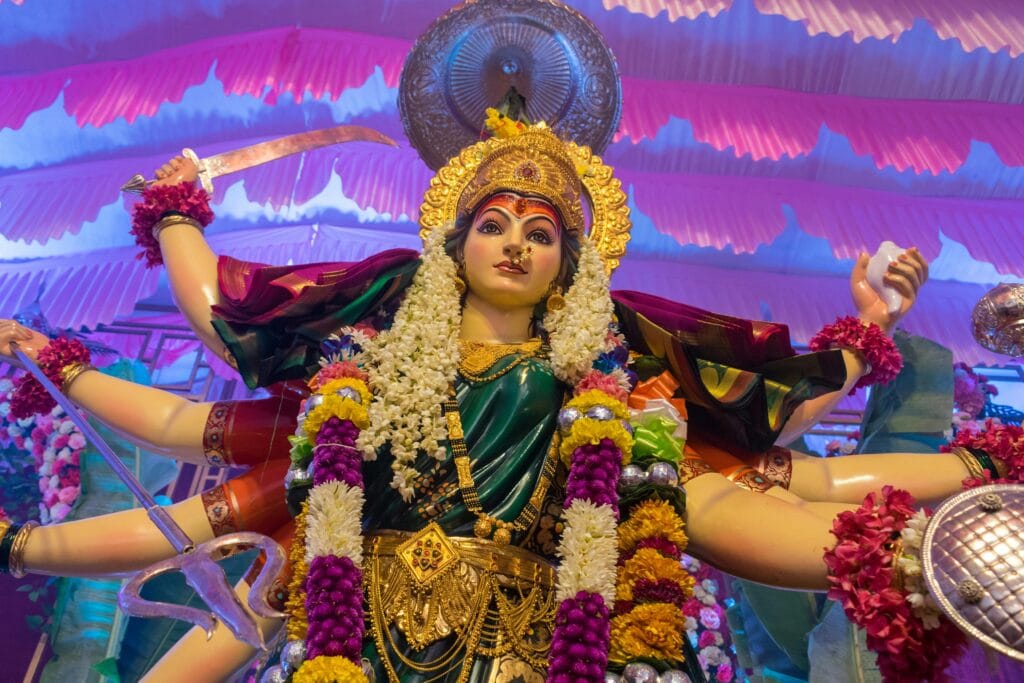విజయవాడలో కనక దుర్గ గాయత్రి దేవిగా||Kanaka Durga as Gayatri Devi in Vijayawada Current image: Intricately decorated statue of Goddess Durga at a Durga Puja festival in Mumbai, India.
