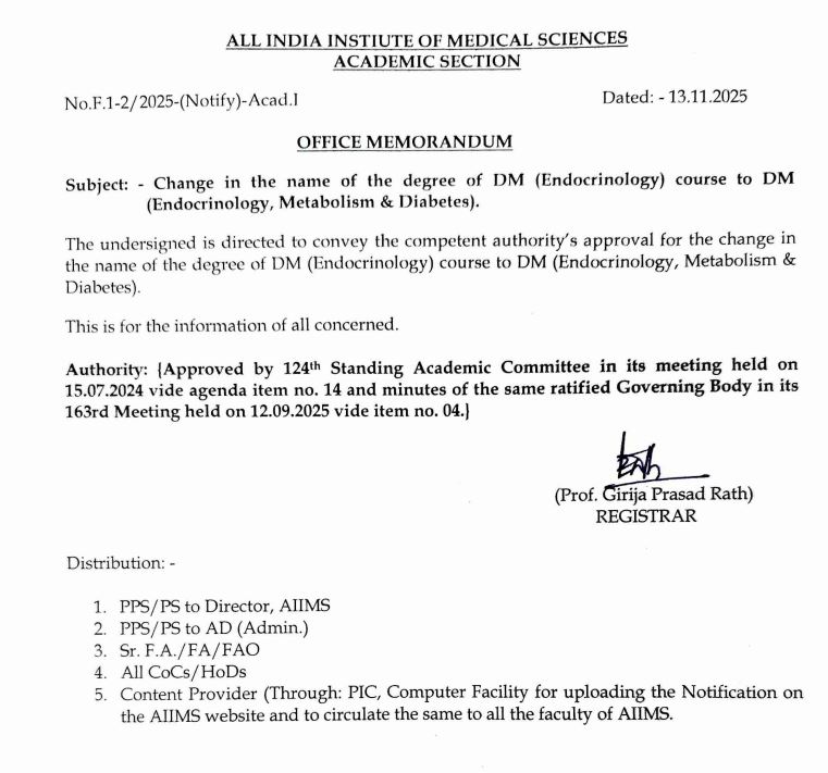 DM Endocrinology course renamed at AIIMS -ఏఐఐఎంఎస్‌లో డీఎమ్ ఎండోక్రైనాలజీ కోర్సుకు పేరు మార్పు